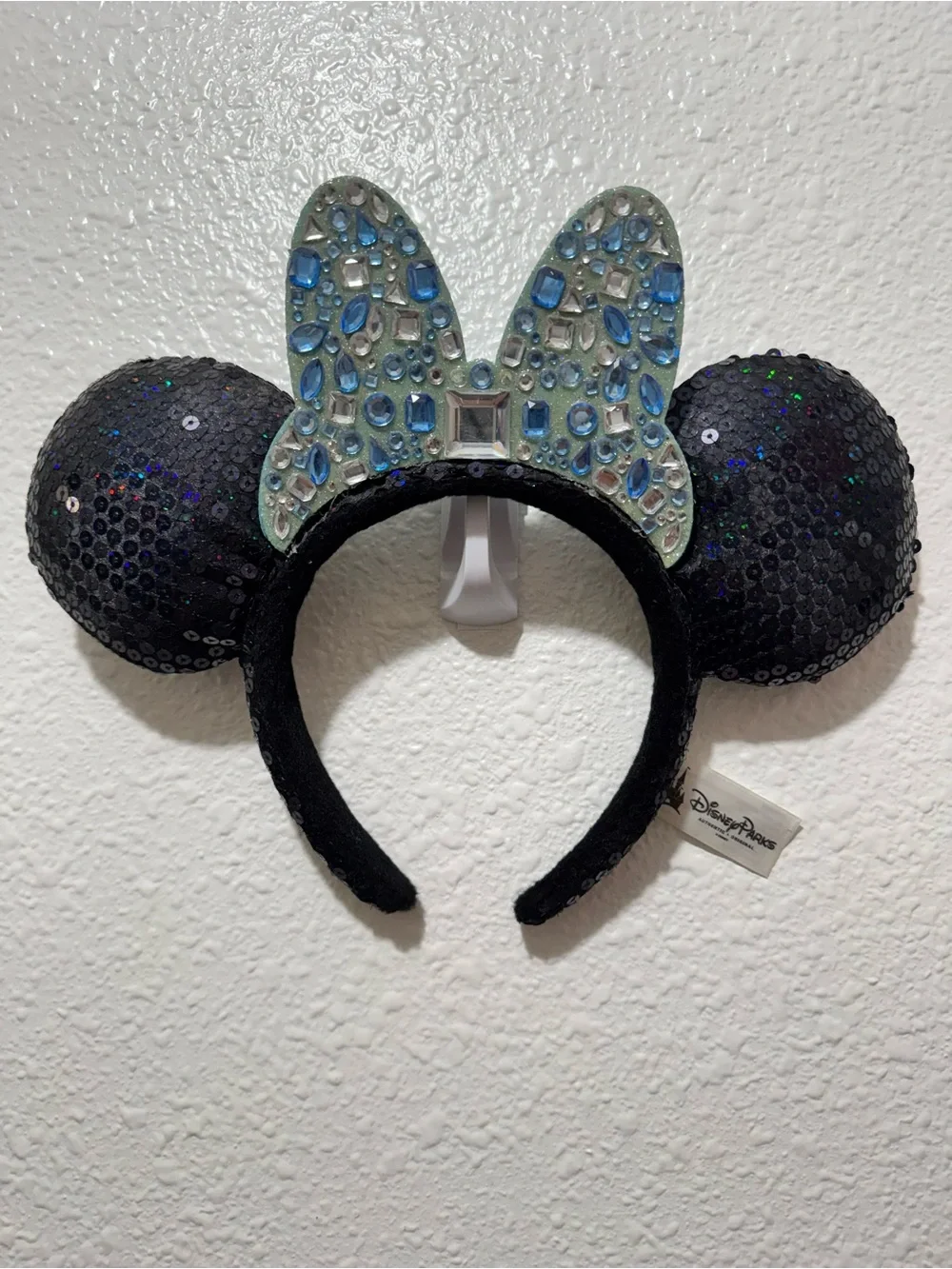Disney 60th Anniversary Black Sequin Minnie Ears Headband with Blue Jeweled Bow